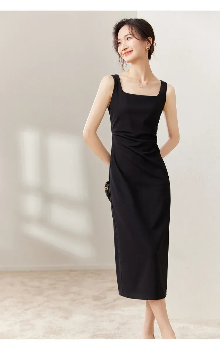 SENTUBILA vestido largo ajustado negro para mujer 2025 Primavera Verano elegante moda estilo Hepburn cuello cuadrado vestidos divididos 133L50329