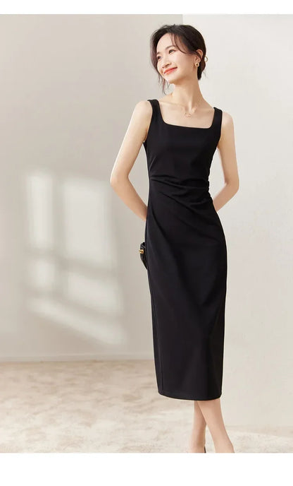 SENTUBILA vestido largo ajustado negro para mujer 2025 Primavera Verano elegante moda estilo Hepburn cuello cuadrado vestidos divididos 133L50329