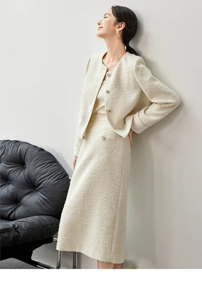 Sentubila conjunto de saia de tweed com textura feminina 2025 outono reto o pescoço jaquetas curtas fenda-hem saia longa conjuntos de 2 peças 143z56291