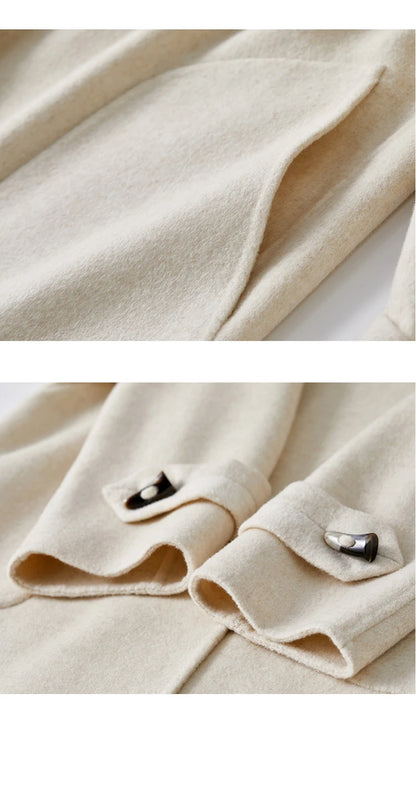 Sentubila dupla face 100% casaco de lã 2024 inverno comprimento médio reto touro chifre fivela feminino com capuz outwear w44o55979