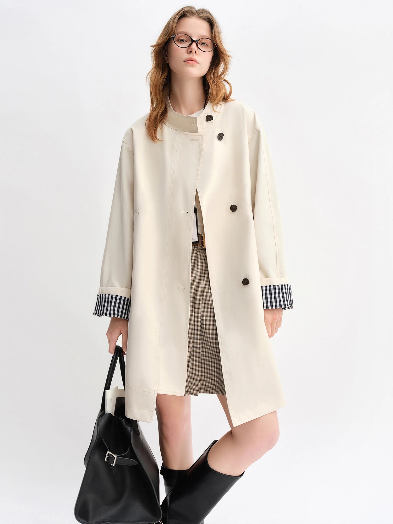 Dushu outono 2025 feminino gola trench coat-ajuste relaxado xadrez retalhos solto outerwear casual blusão topo