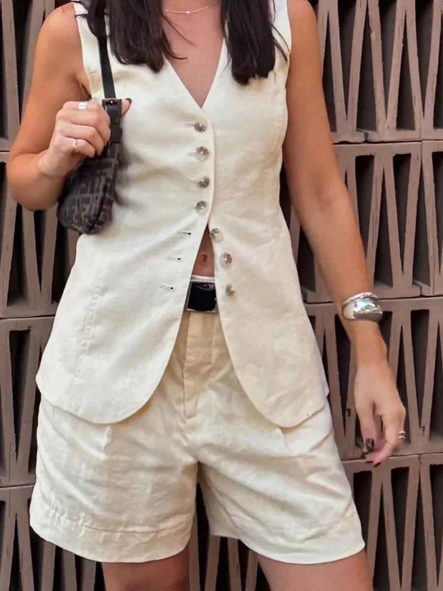 Conjunto Feminino Essence Linen – Colete & Short de Linho e Algodão