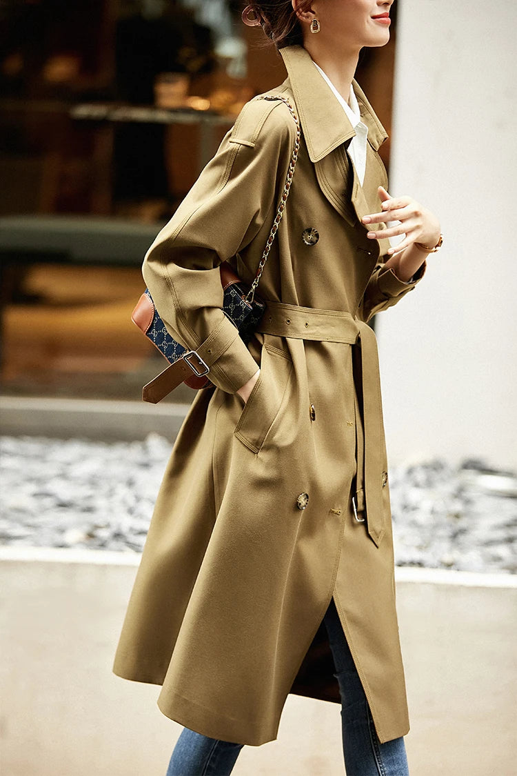 Sentubila-Elegante Trench Coat Longo Feminino, Blusão Solto, Jaqueta Traseiro Duplo, Casacos, Inverno, Outono, 123F42871