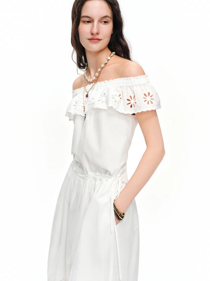 Vestido Floral DUSHU Off-Shoulder com Bordado e Amarração Branco, A-Line, Perfeito para Looks Casuais e Elegantes de Verão