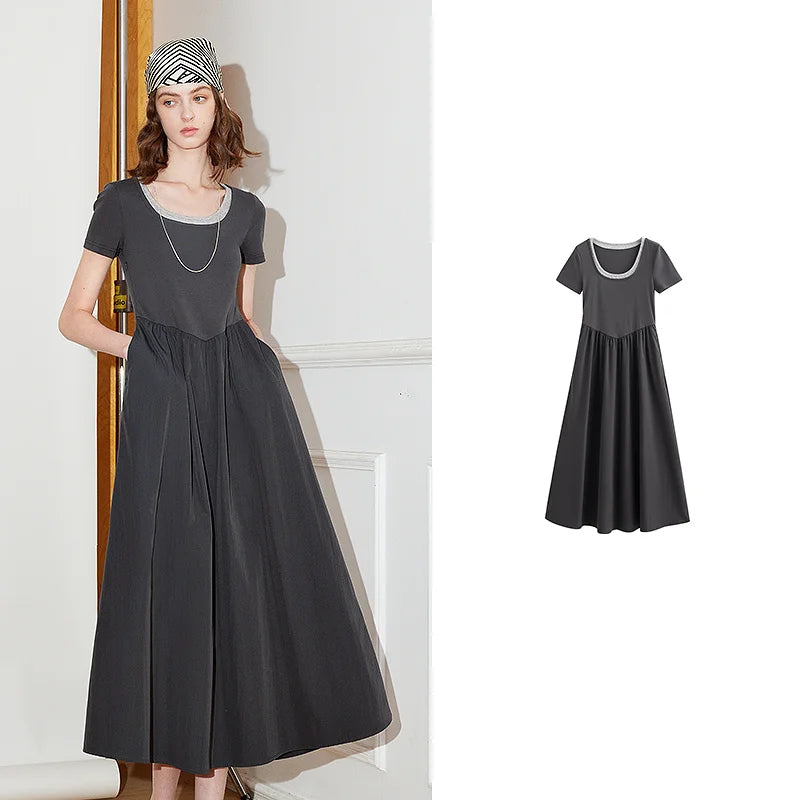 Toyoutth vestido feminino 2025 primavera novo falso duas peças cintura fina cor contrastante emenda u pescoço manga curta saia de comprimento médio