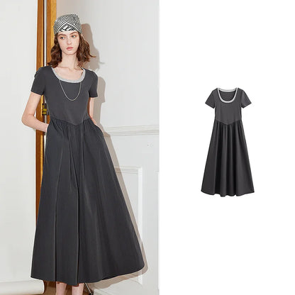 Toyoutth vestido feminino 2025 primavera novo falso duas peças cintura fina cor contrastante emenda u pescoço manga curta saia de comprimento médio