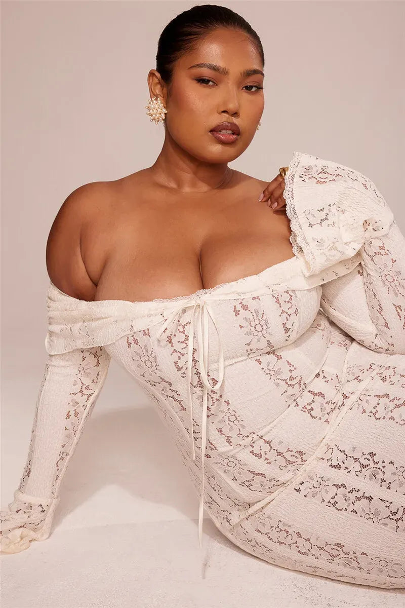 Vestido Longuinho de Renda Branca Celeste – Elegância para Festas - AlmaChic