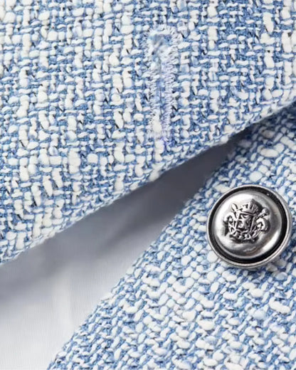 Casaco Tweed Feminino Azul Viviane – Alfaiataria Curta & Botões de Metal
