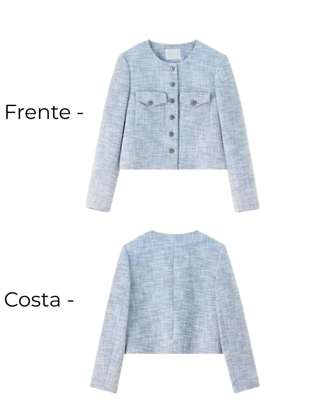 Casaco Tweed Feminino Azul Viviane – Alfaiataria Curta & Botões de Metal