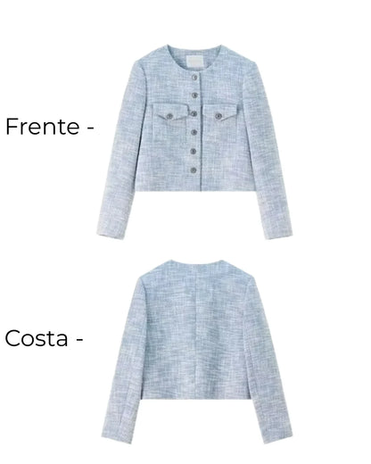 Casaco Tweed Feminino Azul Viviane – Alfaiataria Curta & Botões de Metal