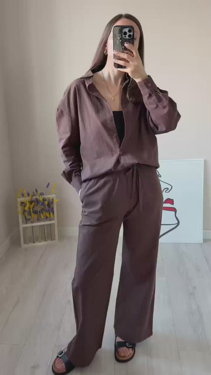 Conjunto Feminino Elegante Harmony Ease – Camisa & Calça de Algodão