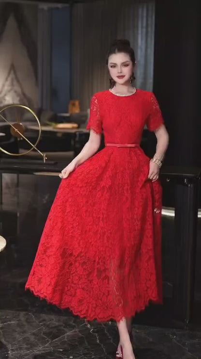 Vestido de Renda Midi Elegante Valentina Rubra