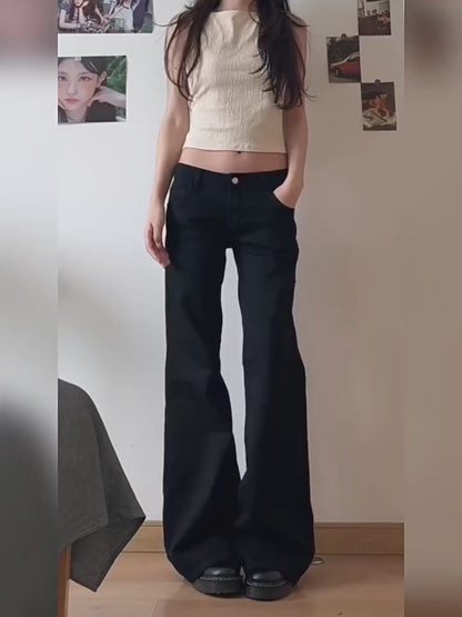 Calça Jeans Wide Leg Feminina Vintage – Cintura Alta, Estilo Retrô ( Preto )