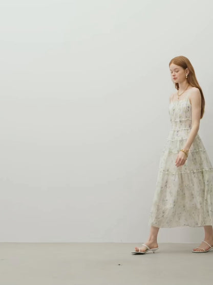 Vestido Midi Floral Feminino Jardin - Alças Finas & Cintura Alta