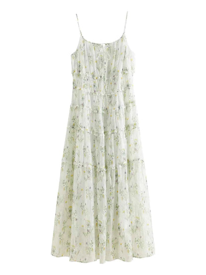Vestido Midi Floral Feminino Jardin - Alças Finas & Cintura Alta