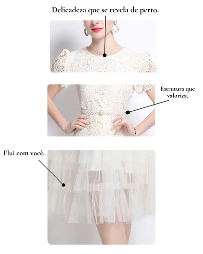 Vestido de Renda Feminino Élodie Pérola — Midi Elegante Bordado